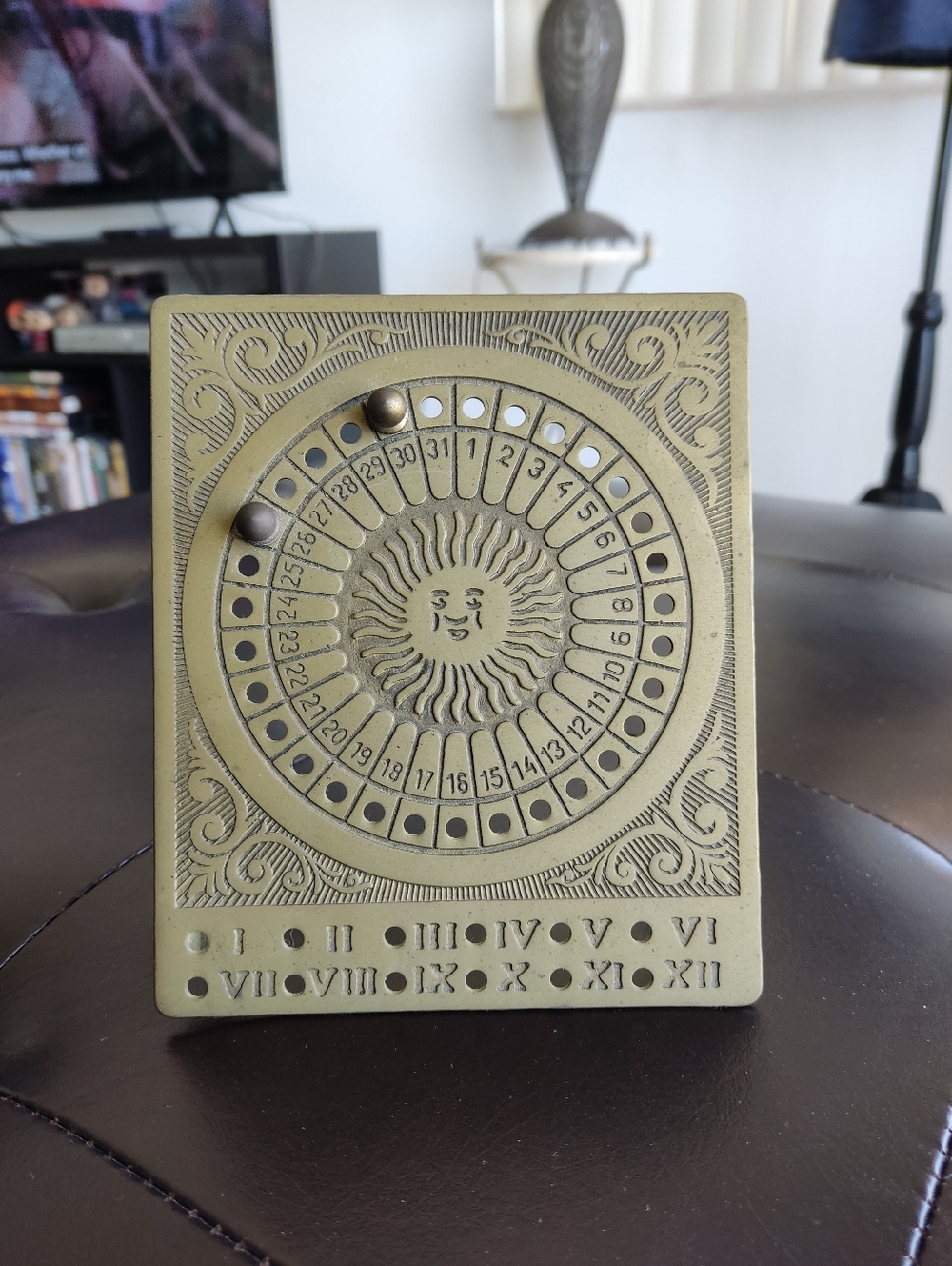 Antique-Style Brass Perpetual Calendar Plaque - Sun Motif